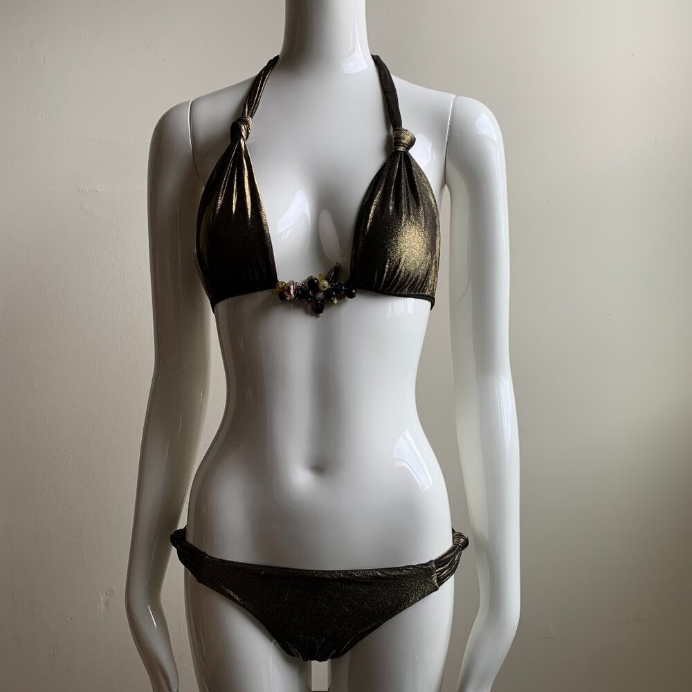 Sauvage california bronze gold beaded halter top bikini
